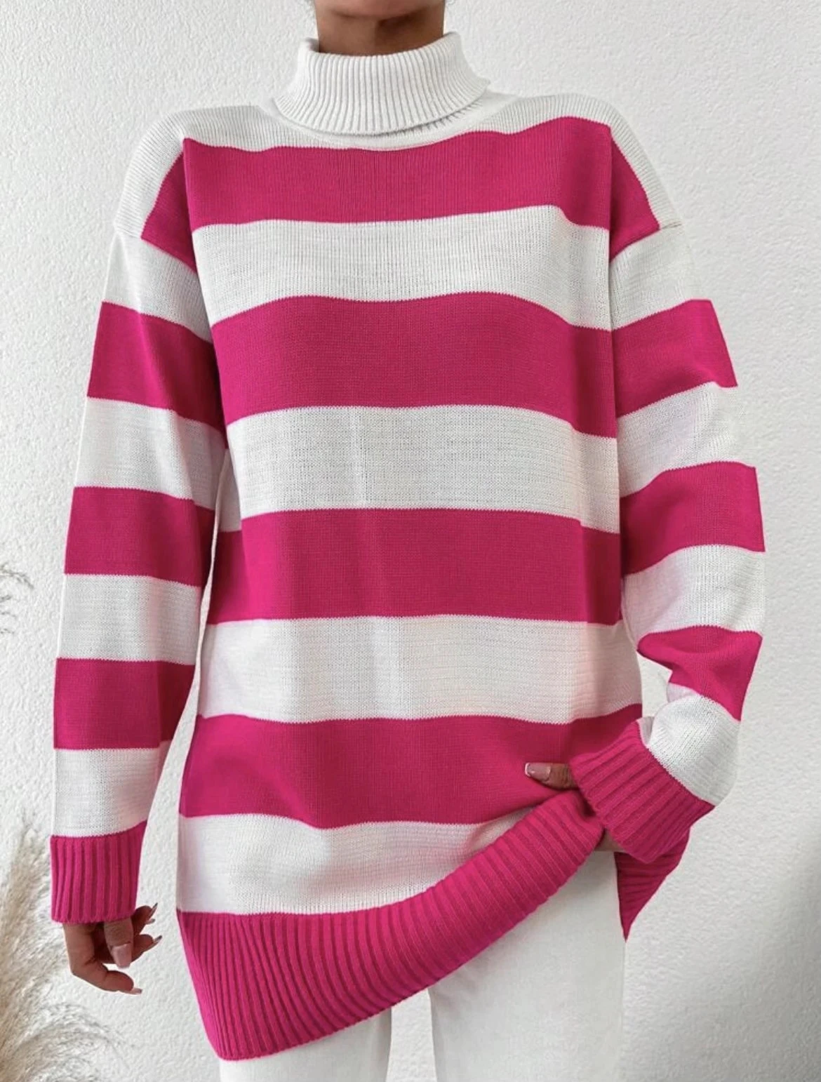 Pink & White Striped Turtleneck Sweater Soft & Cozy